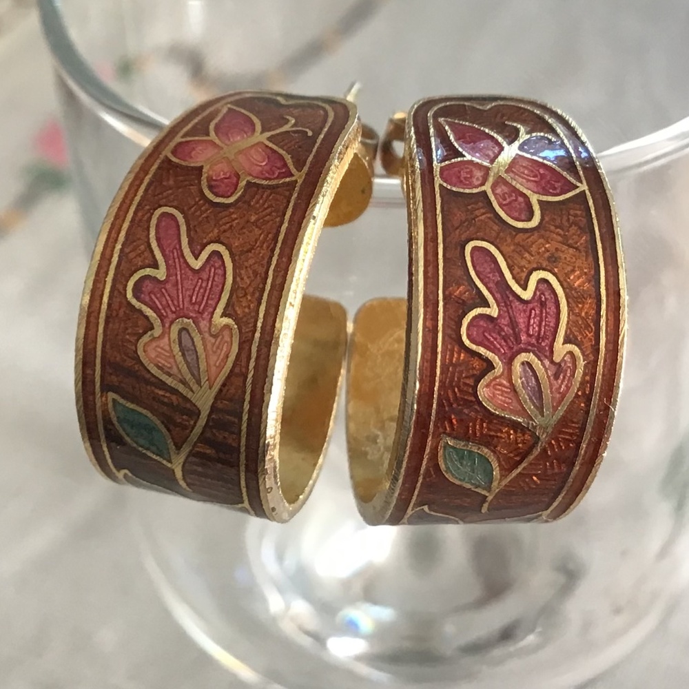Vintage Cloisonné Enamel Floral Hoop Earrings Gold Tone Boho Retro Autumn - Picture 5 of 10